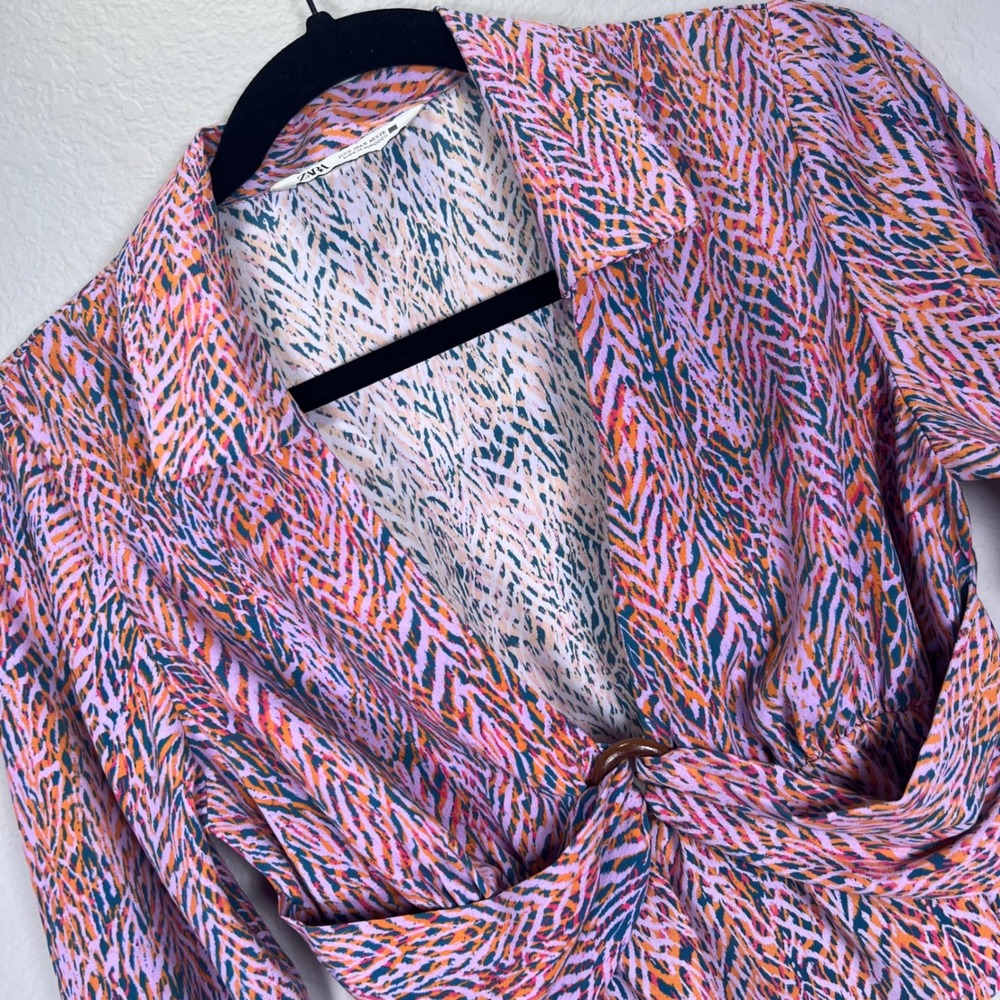Zara Cropped Blouse Top‎ Long Bell Sleeve Collared Ring Patterned Womens small